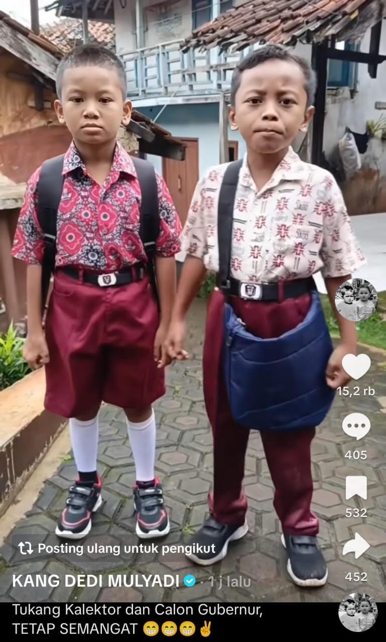 Dua bocah laki-laki berseragam SD mendadak viral di media sosial dan dibagikan ulang oleh Gubernur Jawa Barat, Kang Dedi Mulyadi.
