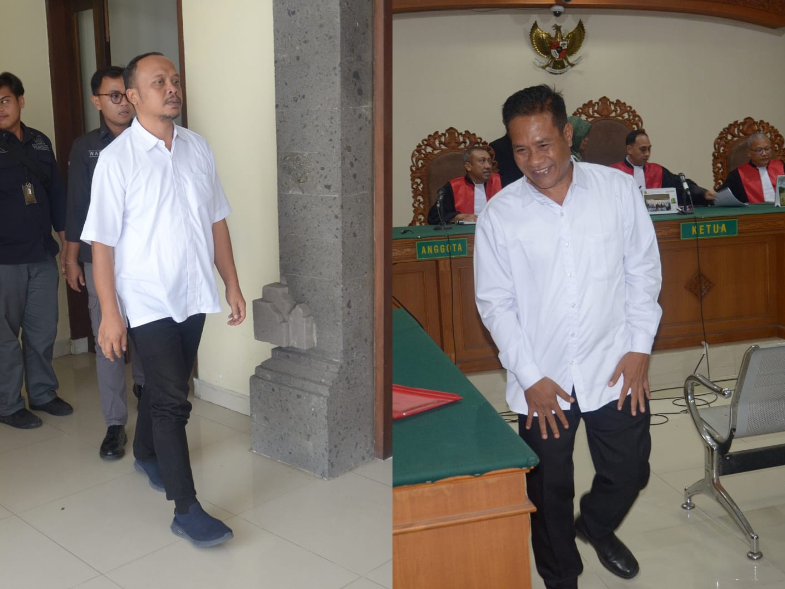 Kadis DPMPTSP Buleleng I Made Kuta (kanan) dan Pejabat PUTR Ngakan Anom di Pengadilan Tipikor Denpasar. (Bali Express/Istimewa)