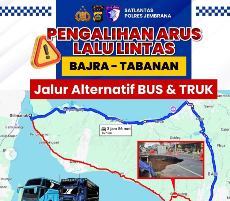 Jalur Denpasar-Gilimanuk Depan Pasar Bajera Dialihkan Pasca Jebol