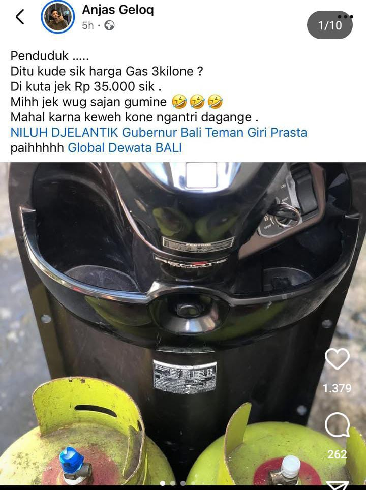 Sebuah unggahan dari warganet yang mengeluhkan kelangkaan lpg 3 KG dan harga mahal di Kuta