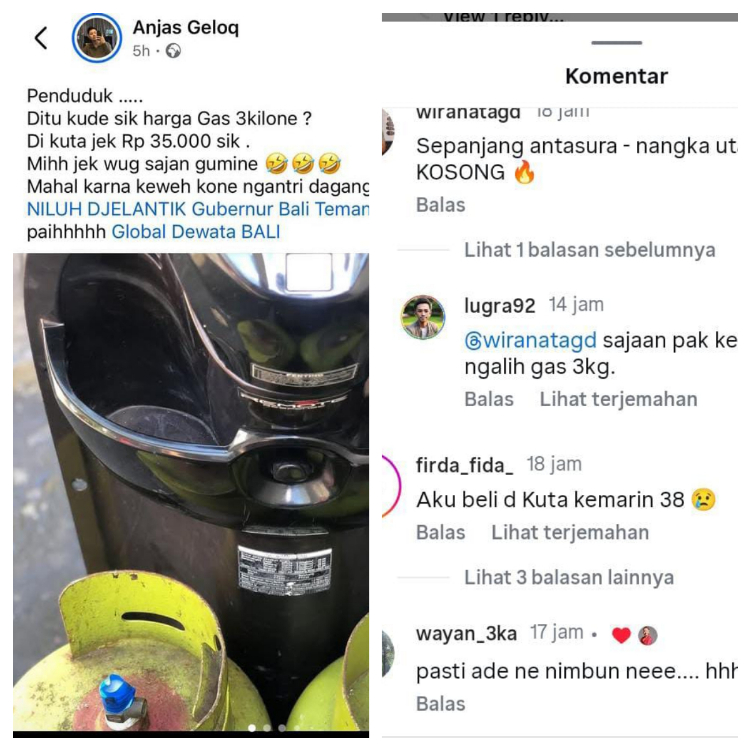 Bebarapa komentar dari warganet yang mengeluhkan kelangkaan lpg 3 KG dan harga mahal di sejumlah wilayah di Denpasar