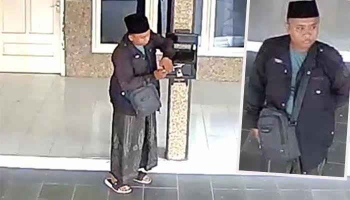 TEREKAM CCTV: Aksi pelaku saat membobol kotak amal. Inset, wajah pelaku yang terekam CCTV.