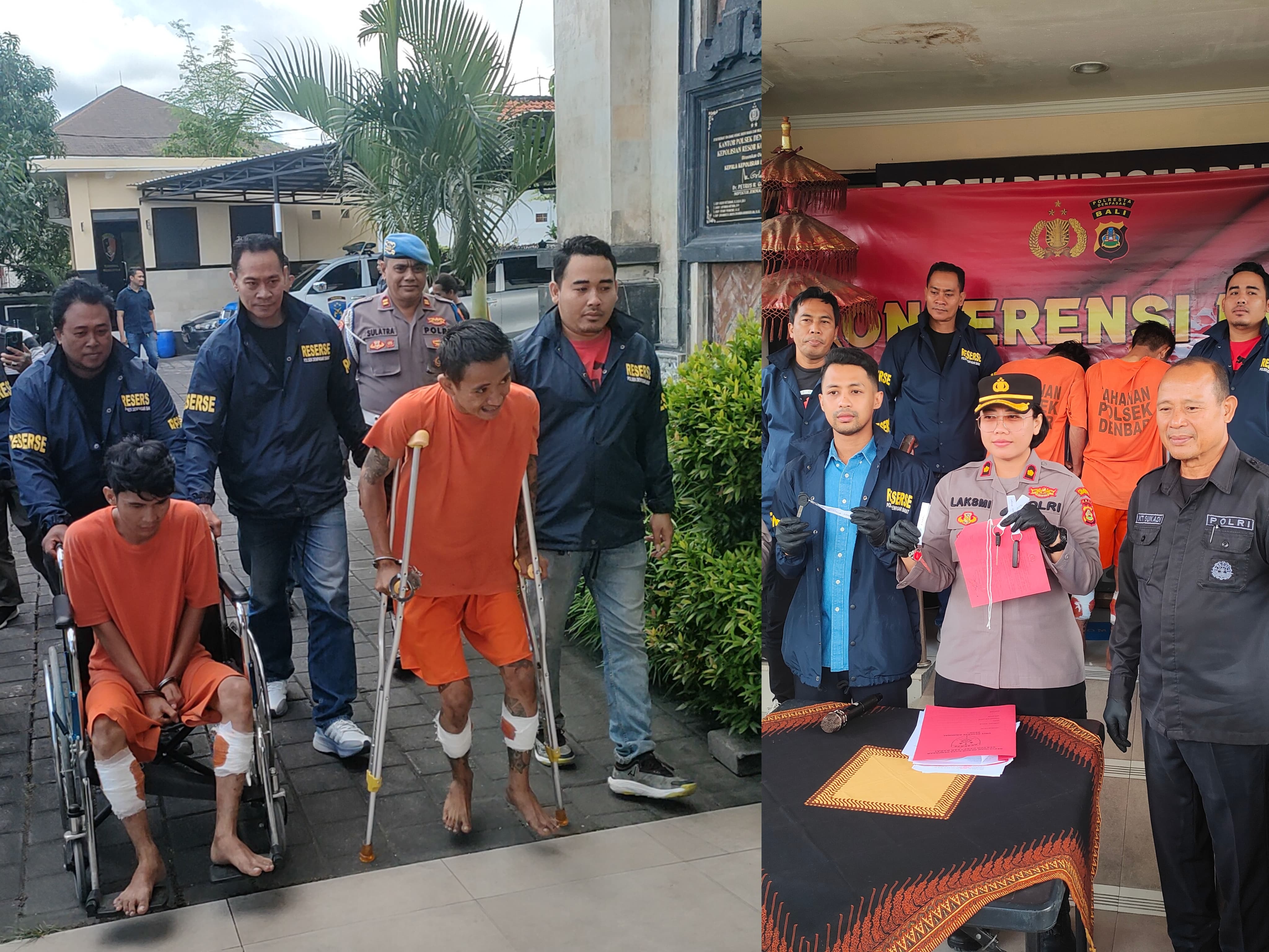 Kedua tersangka curanmor dihadirkan dengan memakai kursi roda dan tongkat. (Bali Express/I Gede Paramasutha)