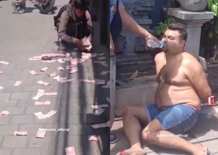 VIRAL! Tangkapan layar unggahan Instagram @flymediao_fficial memperlihatkan sosok bule tak memakai baju atasan diamankan warga karena diduga membawa kabur uang dari money changer.