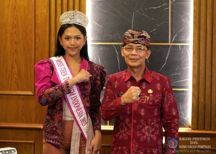Caca bersama perwakilan dari Yayasan Putra Pariwisata Indonesia menemui Bupati Klungkung I Made Satria di Kantor DPRD Kabupaten Klungkung, Selasa (29/7/2025).