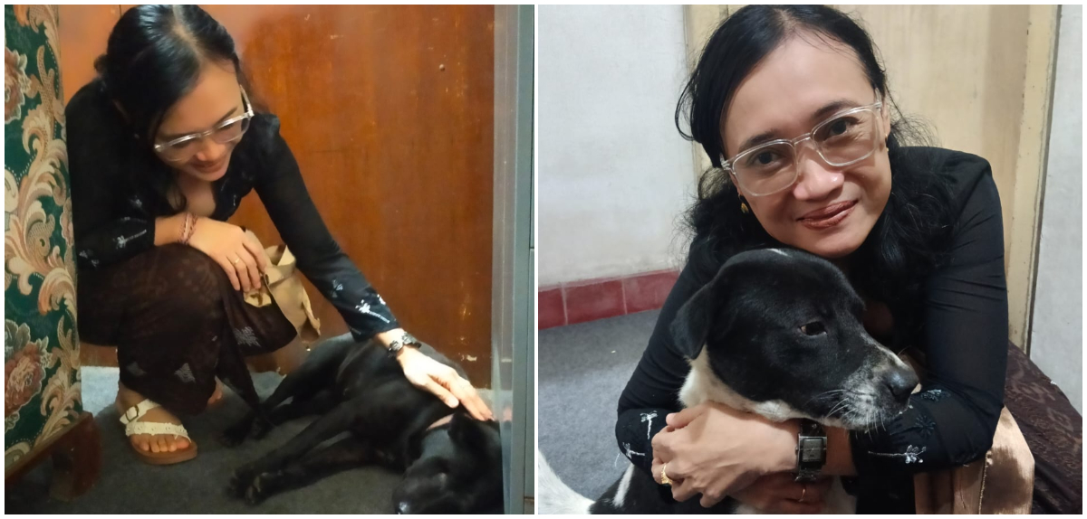 Kabag Perekonomian Setda Bangli Dwi Wahyuni berpose dengan anjing yang diberi nama Selem (kiri) dan Jeki (kanan).