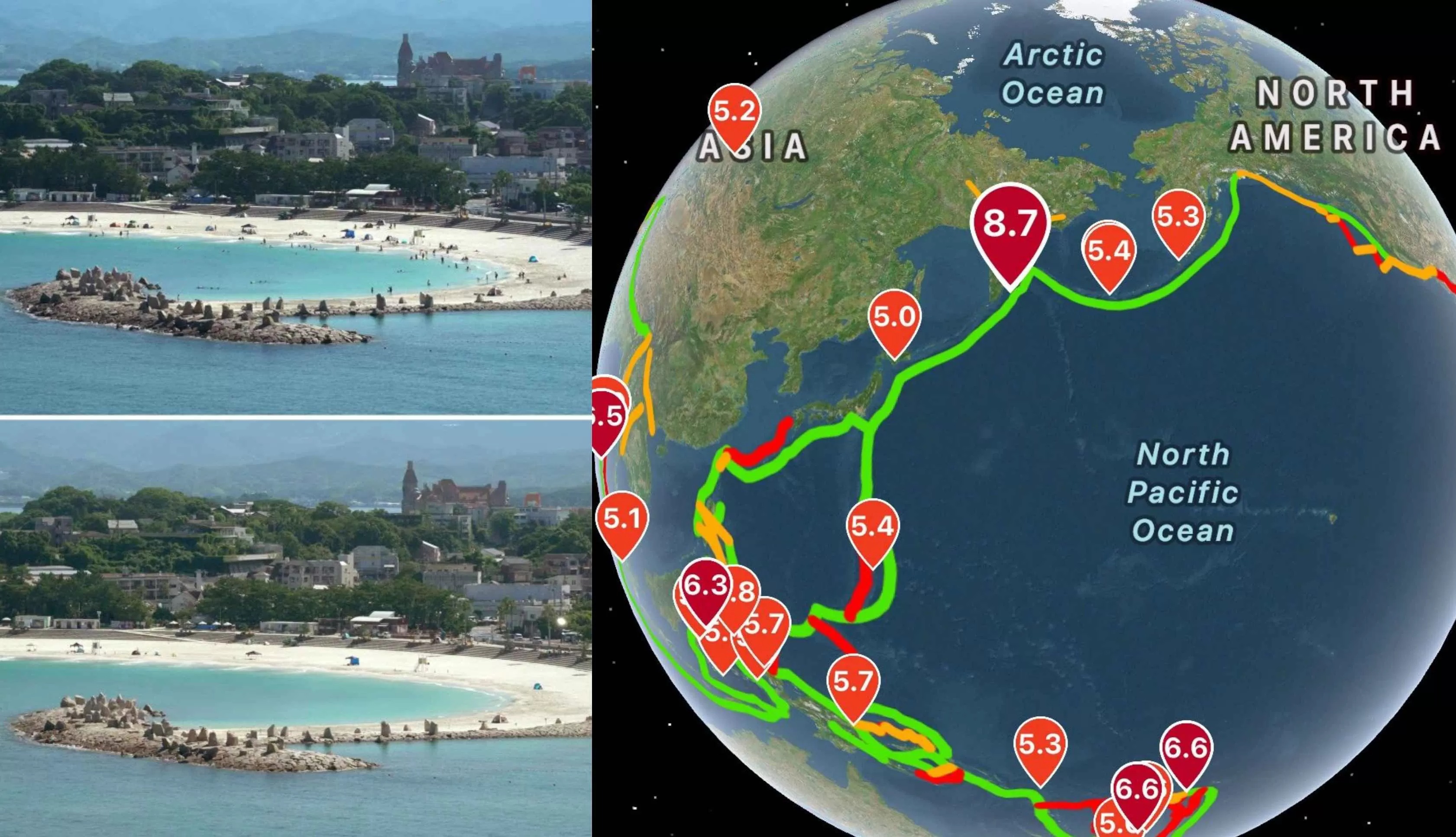 PANTAI: Suasana pantai di Shirahama, Prefektur Wakayama, Jepang barat, sesaat setelah gempa kuat melanda Semenanjung Kamchatka, Rusia (atas), dan setelah warga mengungsi menyusul peringatan tsunami.