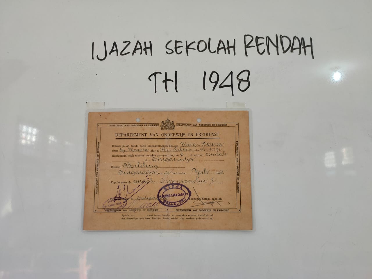 Ijazah Sekolah Rendah tahun 1948 - kini bernama SDN 1 Paket Agung.