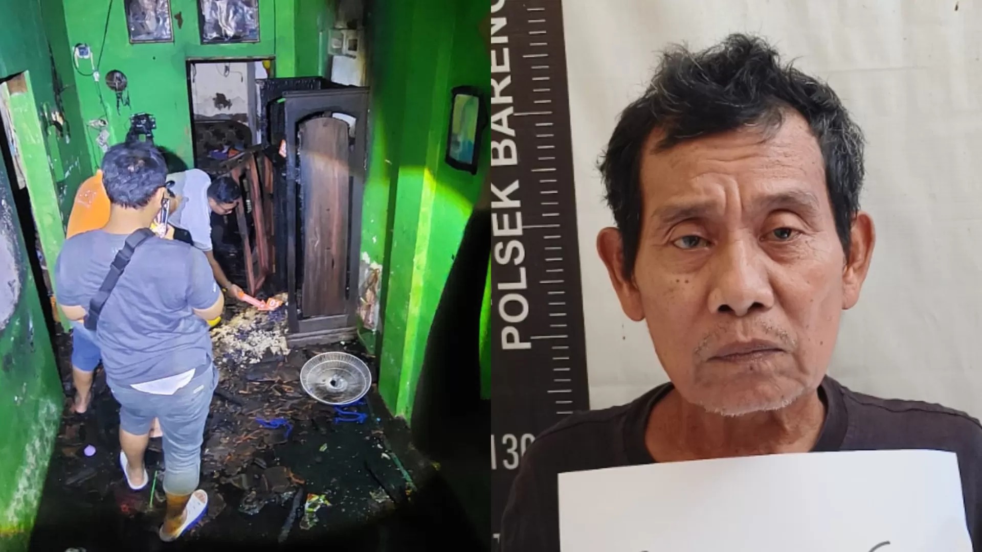 Kondisi rumah yang dibakar pelaku (kiri) dan pelaku pembakaran rumah di Bareng Jombang saat dibekuk polisi.