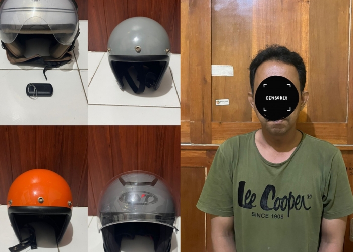 DIBEKUK : Pelaku beserta barang bukti berupa beberapa helm hasil curiannya.