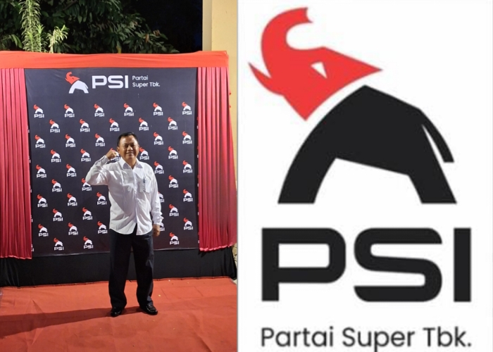 Ketua Dewan Pimpinan Daerah (DPD) Partai Solidaritas Indonesia (PSI) Kabupaten Klungkung, I Nyoman Sukirta dan logo baru PSI.