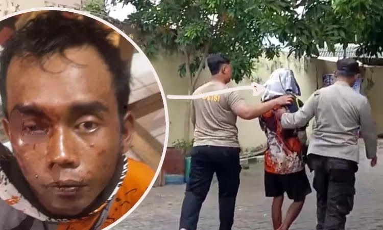 TERTANGKAP: Imron saat dikeler polisi. Inset kondisi wajah Imron usai dihajar warga.