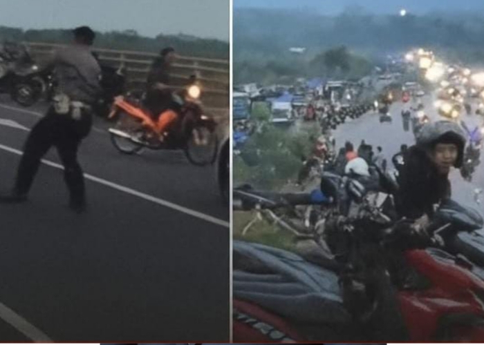 DIBUBARKAN : Aparat membubarkan remaja yang menonton dan hendak melakukan balapan liar di Jembatan Merah PKB Klungkung, Minggu (10/8/2025).