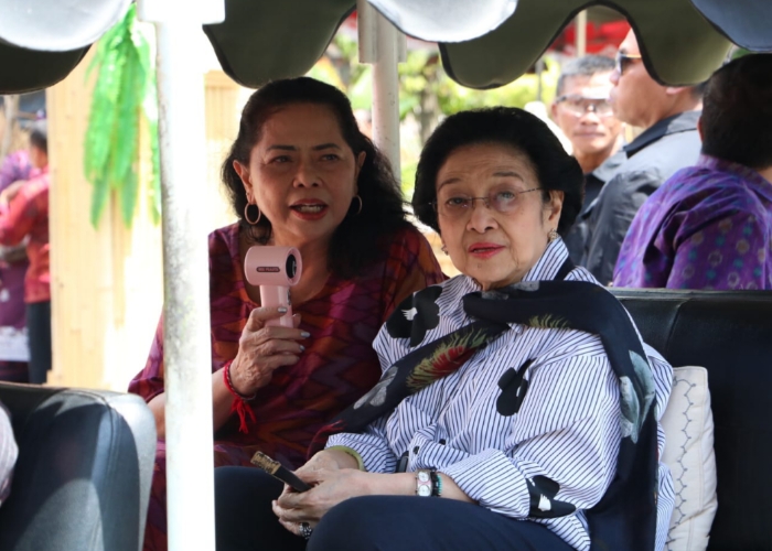 BERKUNJUNG : Megawati sedang melihat pameran seni lukis dan topeng di Rumah Jabatan Bupati Buleleng yang diselenggarakan serangkaian Bulfest 2025.