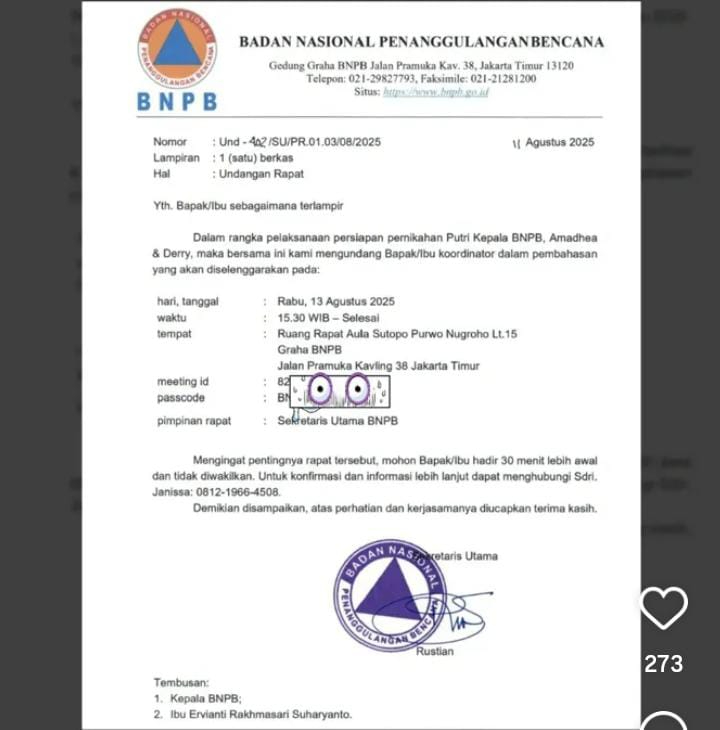 Beredar undangan rapat pernikahan menggunakan kop resmi BNPB