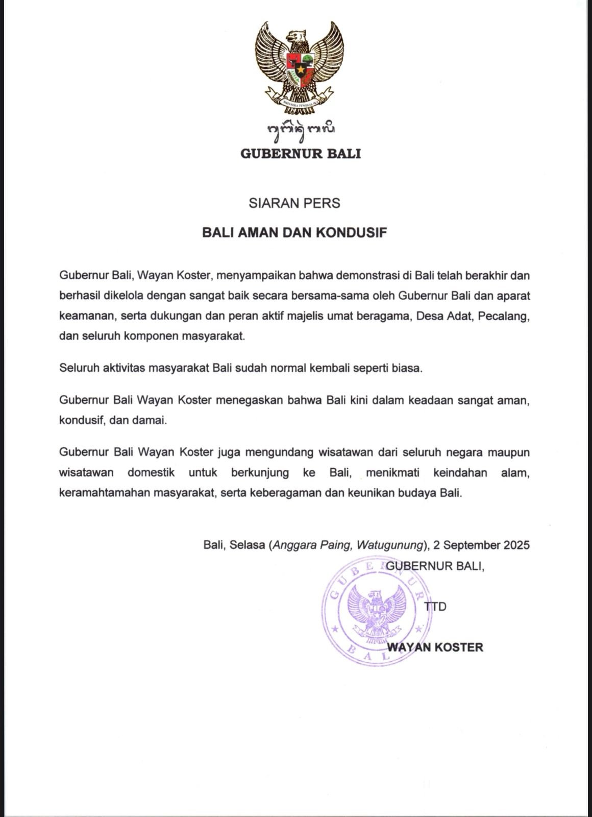 Gubernur Pastikan Bali Aman Dan Kondusif