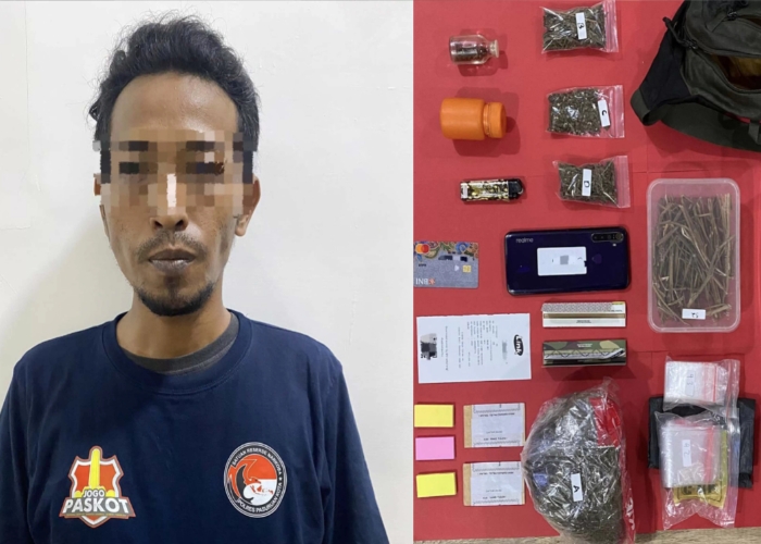 AMANKAN: JN, 32, tersangka peredaran ganja saat diamankan polisi. Ia terancam hukuman 20 tahun penjara.