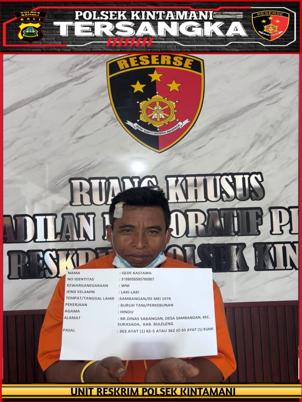 Pelaku pencurian ayam di Kintamani, I Gede Kastawa.