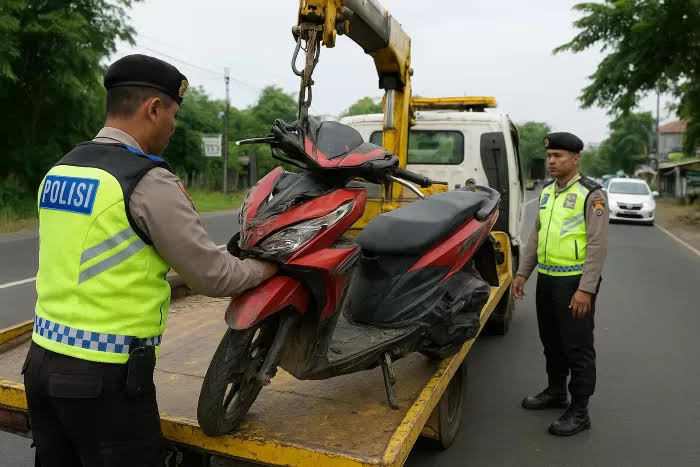 Kendaraan korban dievakuasi anggota kepolisian usai terjadi kecelakaan di Jalan Raya Desa Wringinanom, Kecamatan Wringinanom, Gresik.