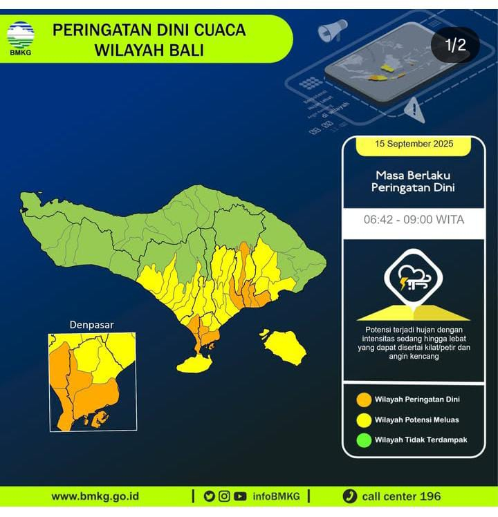 Sejumlah Wilayah di Bali Berpotensi Diguyur Hujan Lebat Disertai Petir dan Angin Kencang