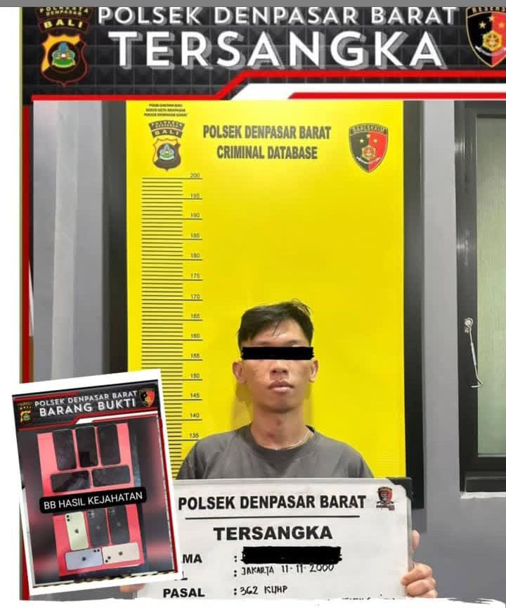 Patar Predrick Pardosi (24) ditangkap Unit Reskrim Polsek Denpasar Barat usai mencuri lima unit handphone milik temannya sendiri
