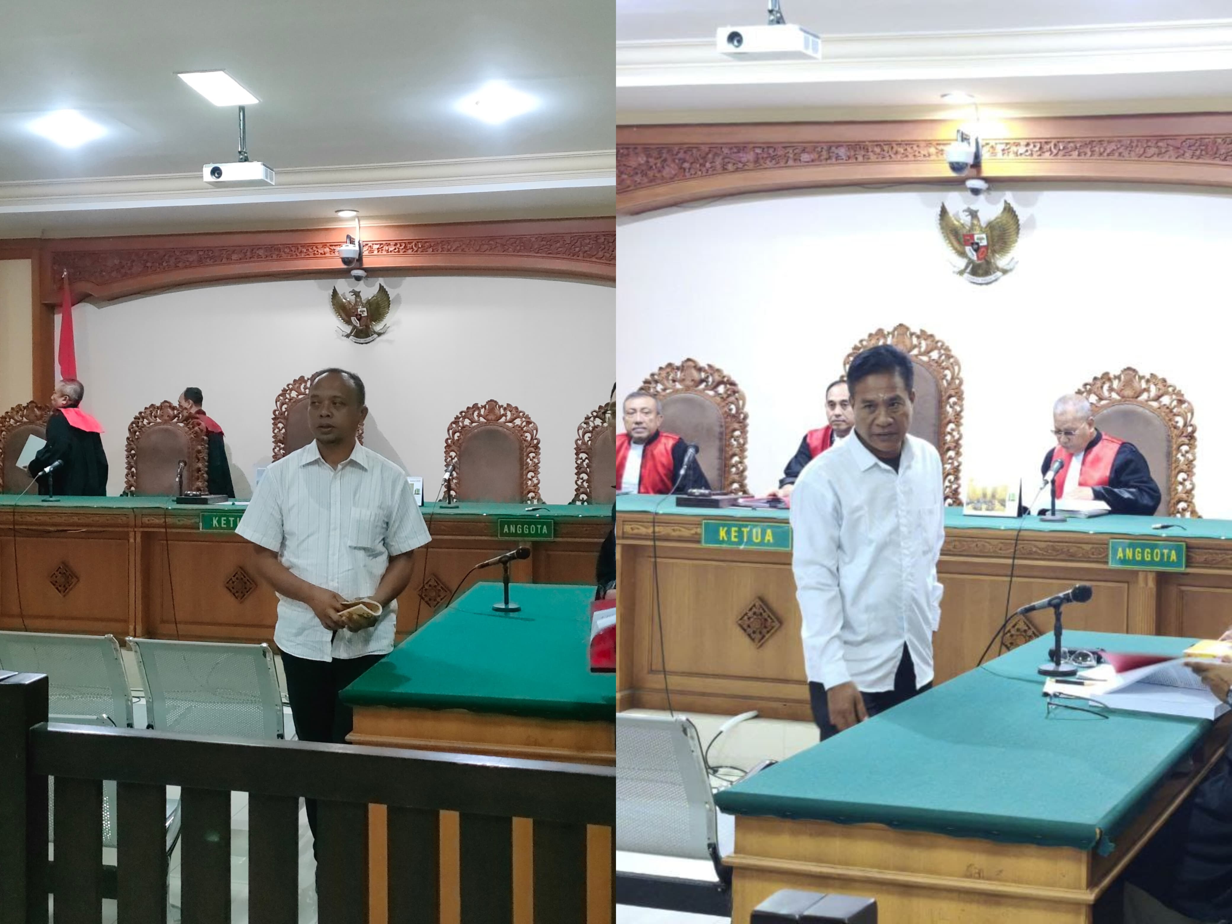 Terdakwa Oknum Kadis DPMPTSP I Made Kuta (kanan) dan Pejabat PUTR Buleleng Ngakan Anom (kiri) saat jalani sidang di Pengadilan Tipikor Denpasar. (Bali Express/I Gede Paramasutha)