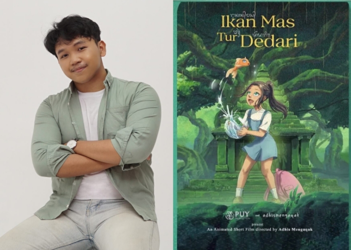 TANGAN EMAS : Anak Agung Gde Bagus Adhistya Sedana, 21, dan poster karyanya Ikan Mas Tur Dedari.
