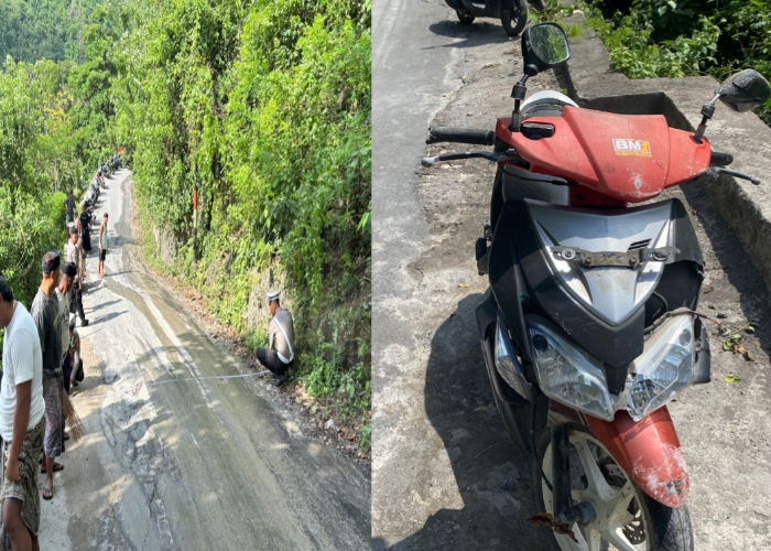NAHAS : Seorang pengendara sepeda motor meninggal dunia setelah kendaraannya diduga mengalami rem blong di Jalan Raya Sakti, Desa Sakti, Selasa (28/10/2025) pagi.