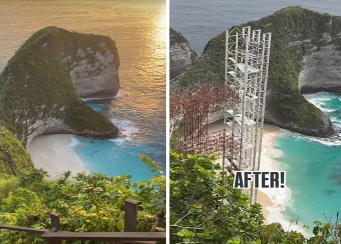 PERBEDAAN : Kondisi lift kaca di Pantai Kelingking, Nusa Penida mulai terbangun. Namun banyak keluhan dan tanggapan masyarakat muncul.