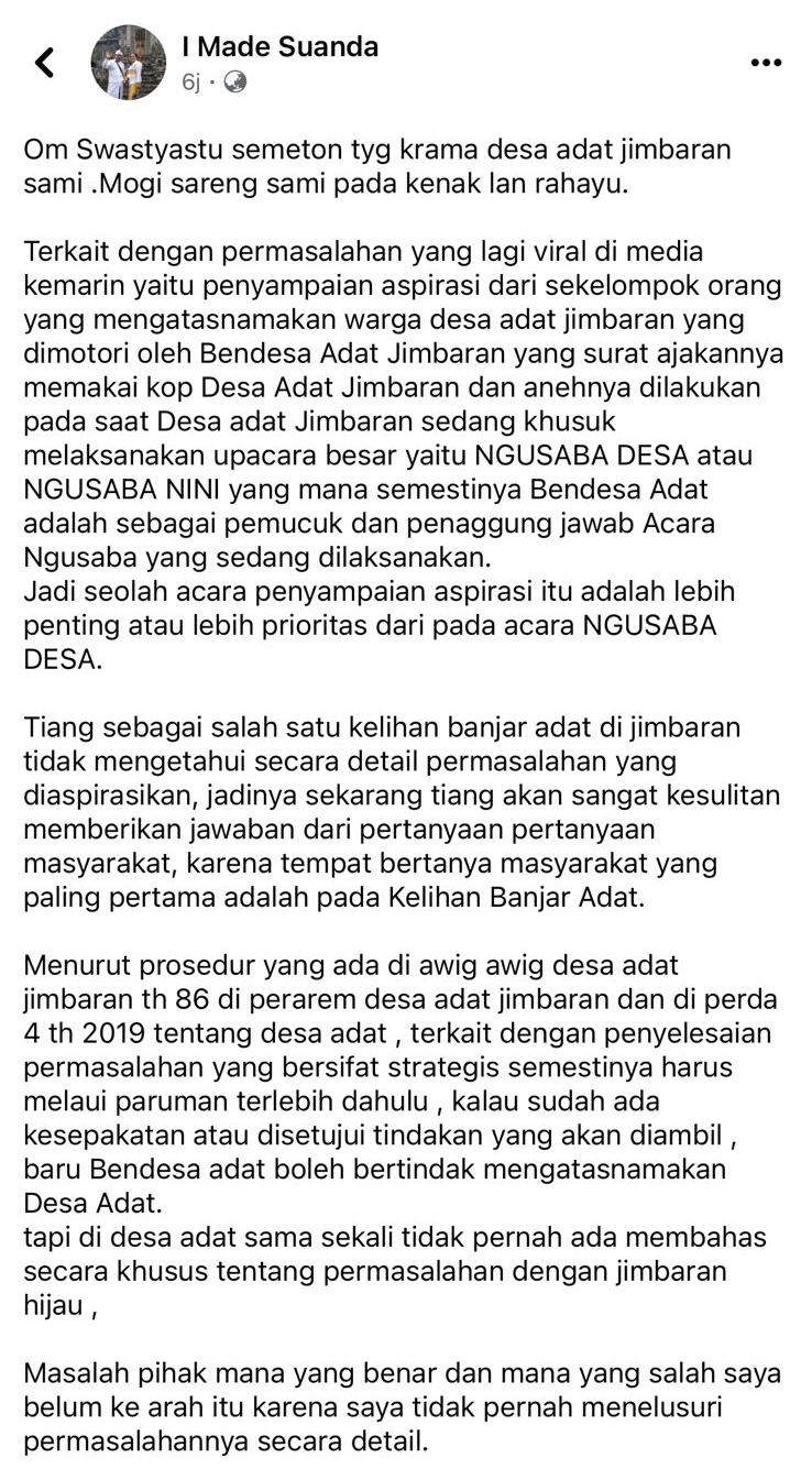 RAMAI: Unggahan dari salah satu kelian desa adat, Suanda, di Facebook
