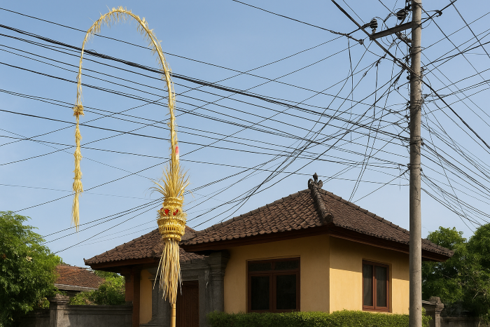 Pemasangan penjor saat Galungan di tengah kesemrawutan kabel listrik