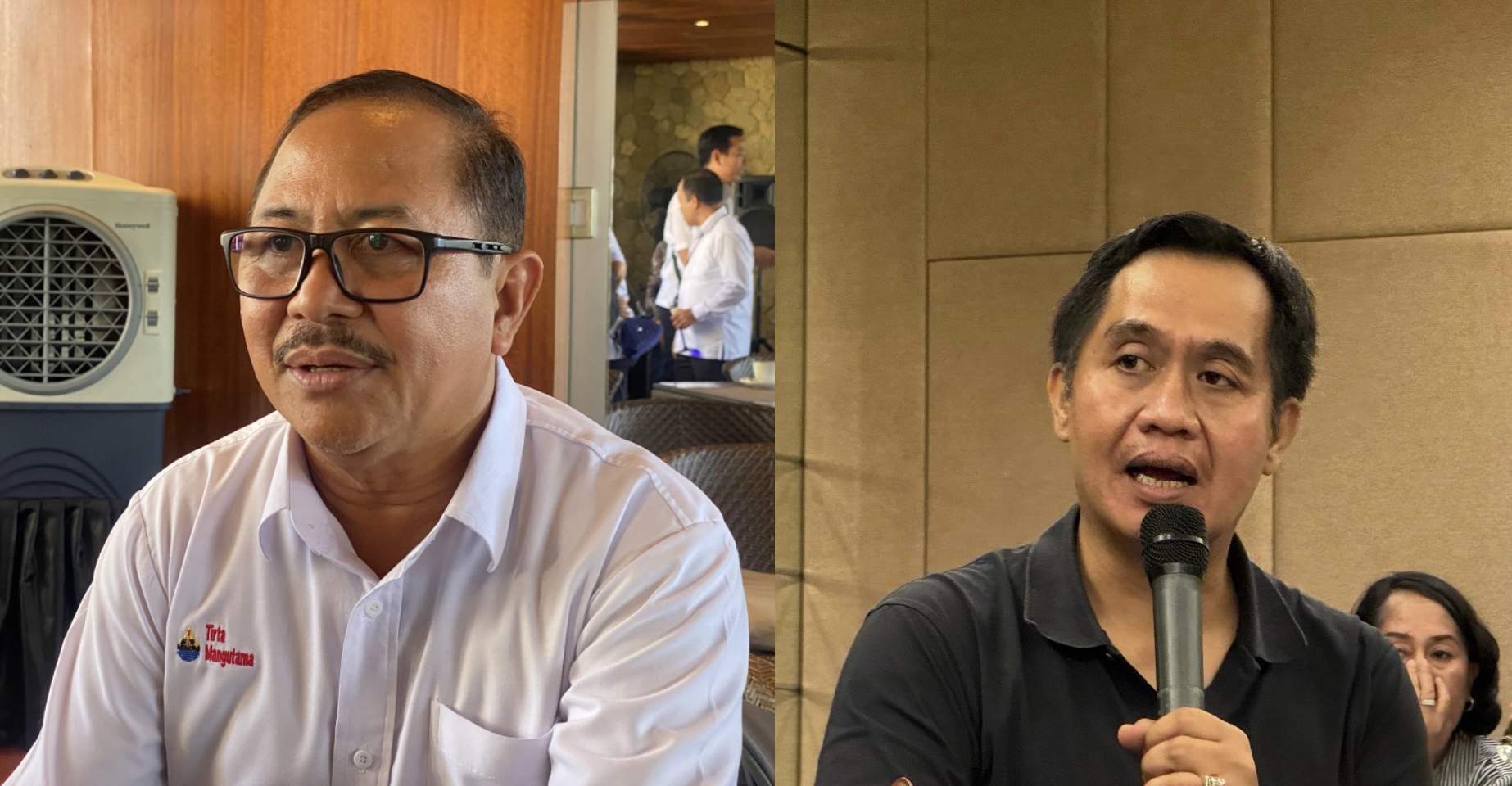 Dirut Perumda Air Minum Tirta Mangutama, I Wayan Suyasa (baju putih) dan Dirtek Perumda Air Minum Tirta Mangutama, I Made Suarsa (baju hitam).