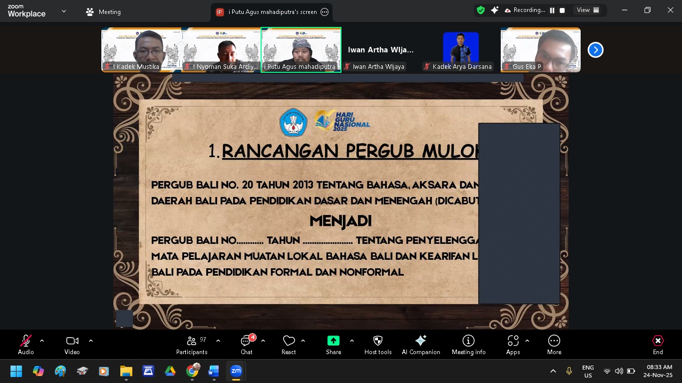 Webinar MGMP Bahasa Bali yang diselenggarakan pada Senin (24/11) secara daring