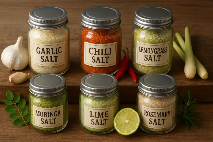 Garam dengan varian rasa yang diproduksi Kelompok Petani Garam Perempuan di desa Les.