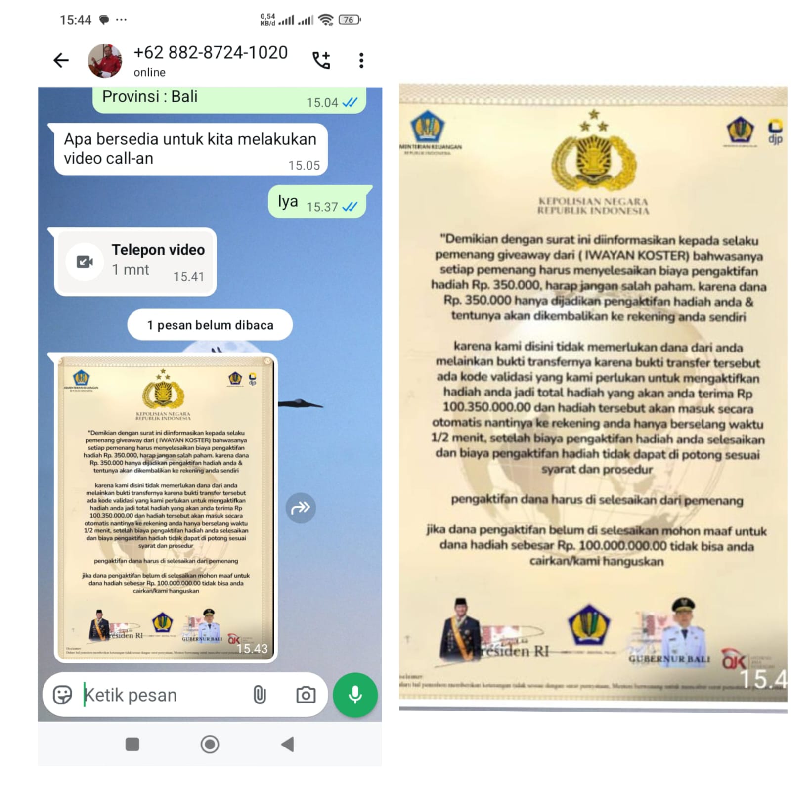 LAYAR : Tangkapan layar penipuan yang mengatasnamakan Gubernur Bali.