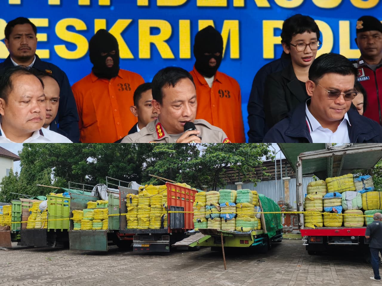 Dua tersangka mengenakan seragam oranye dan zebo (penutup kepala) dihadirkan oleh kepolisian. (Bali Express/Agung Bayu)
