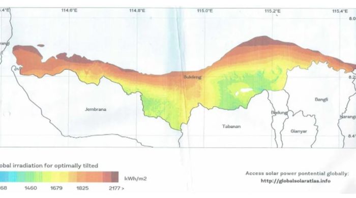Peta sebaran panas matahari di wilayah Buleleng. Warna merah menunjukkan sinar matahari secara maksimal.