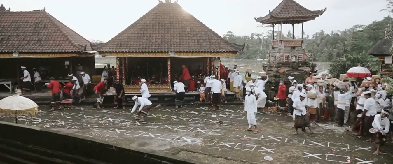 Prosesi medagelan Tipat Taluh saat Ngusaba Bulih di Pura Mas, Desa Nyanglan