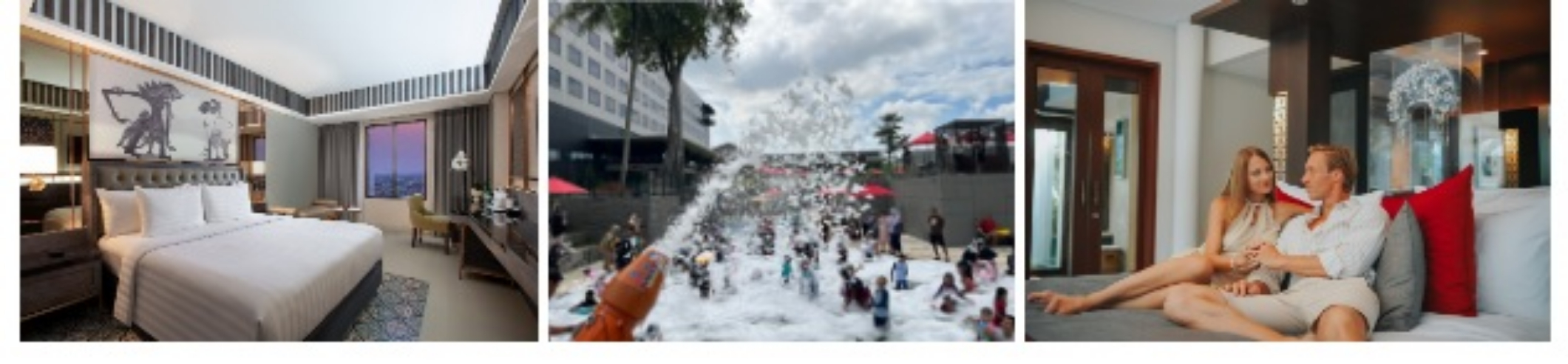 Kiri ke kanan: Kamar Deluxe di The Alana Hotel & Conference Center Malioboro, Foam Party at Aston Serang Hotel and Convention Center, Suasana di Royal Kamuela Villas & Suite at Monkey Forest Ubud