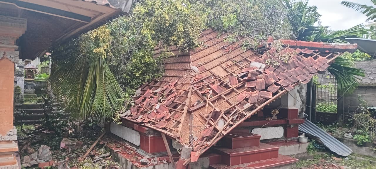 Bangunan bale sekee yang roboh tertimpa pohon di Buleleng. 