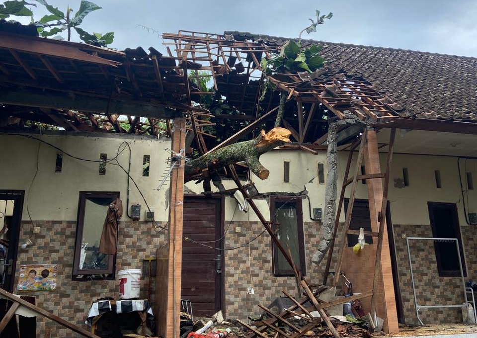 Kondisi kerusakan rumah kos di Banjar Pande, Desa Abiansemal, Kecamatan Abiansemal, akibat tertimpa pohon tumbang, Jumat (27/2).
