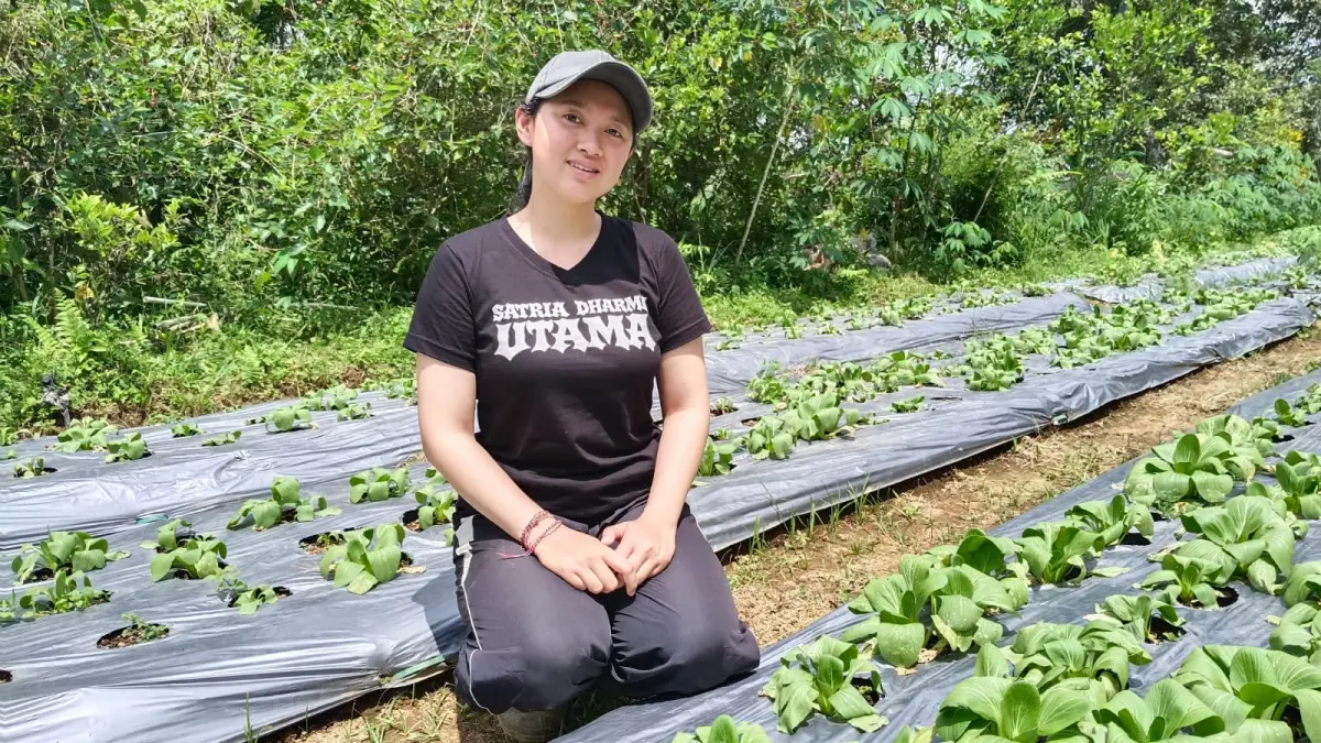 Ni Putu Meilanie Ary Sandi ditengah kebun sayur organic yang dikelolanya dengan sentuhan teknologi modern