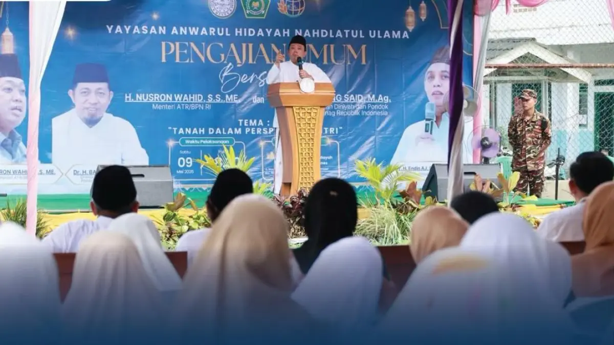 Menteri Agraria dan Tata Ruang/Kepala Badan Pertanahan Nasional (ATR/BPN), Nusron Wahid, menghadiri acara Pengajian Umum Yayasan Anwarul Hidayah di Pandeglang, Banten pada Sabtu (9/5/2026). (Ist)