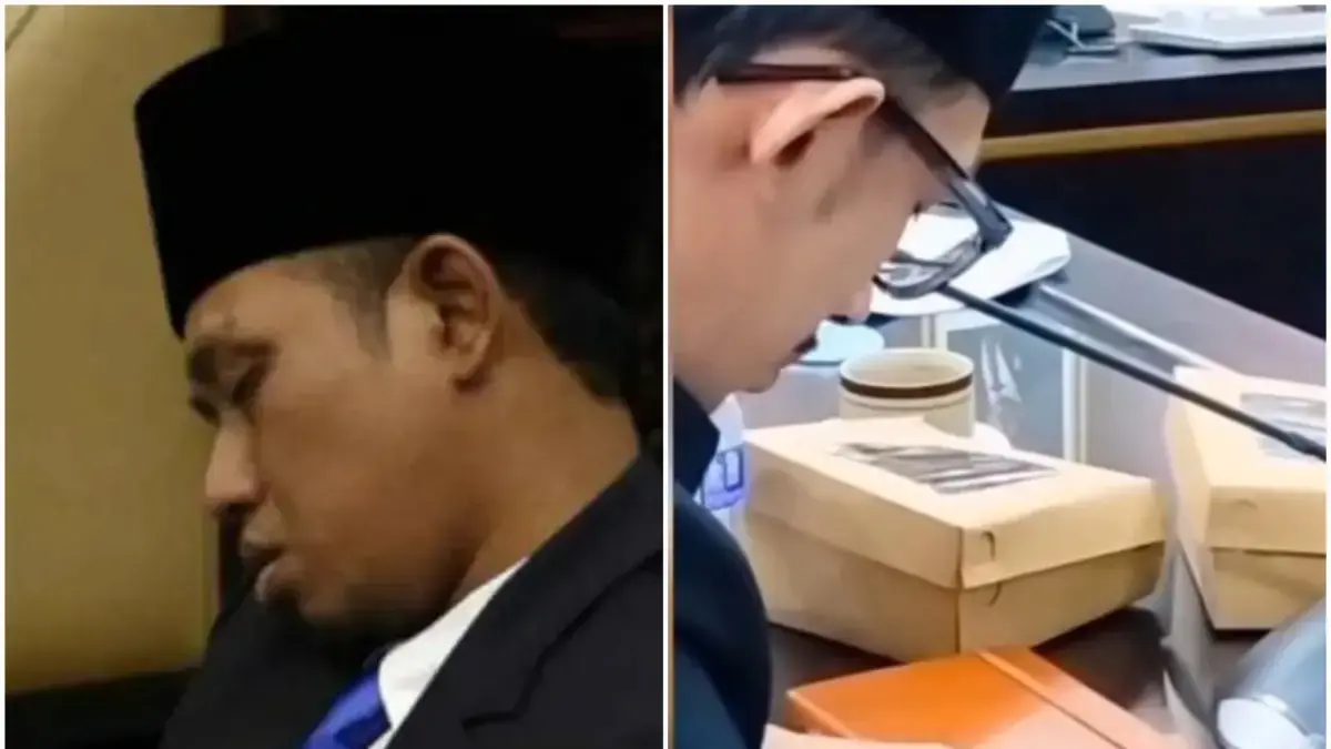 Ra Fadil (kiri) tertidur saat prosesi pelantikan anggota DPR RI 2019, dan anaknya, Achmad Syahri ketahuan asyik bermain game online sambil merokok saat forum resmi DPRD Jember. (Istimewa)

