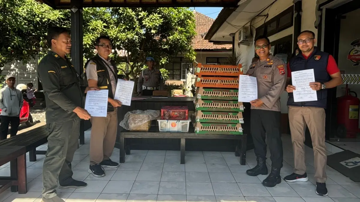Polsek Kawasan Pelabuhan Gilimanuk bersama petugas karantina mengamankan ratusan anakan bebek, kucing persia, dan cacing laut tanpa dokumen resmi di jalur masuk Bali. (Ist)
