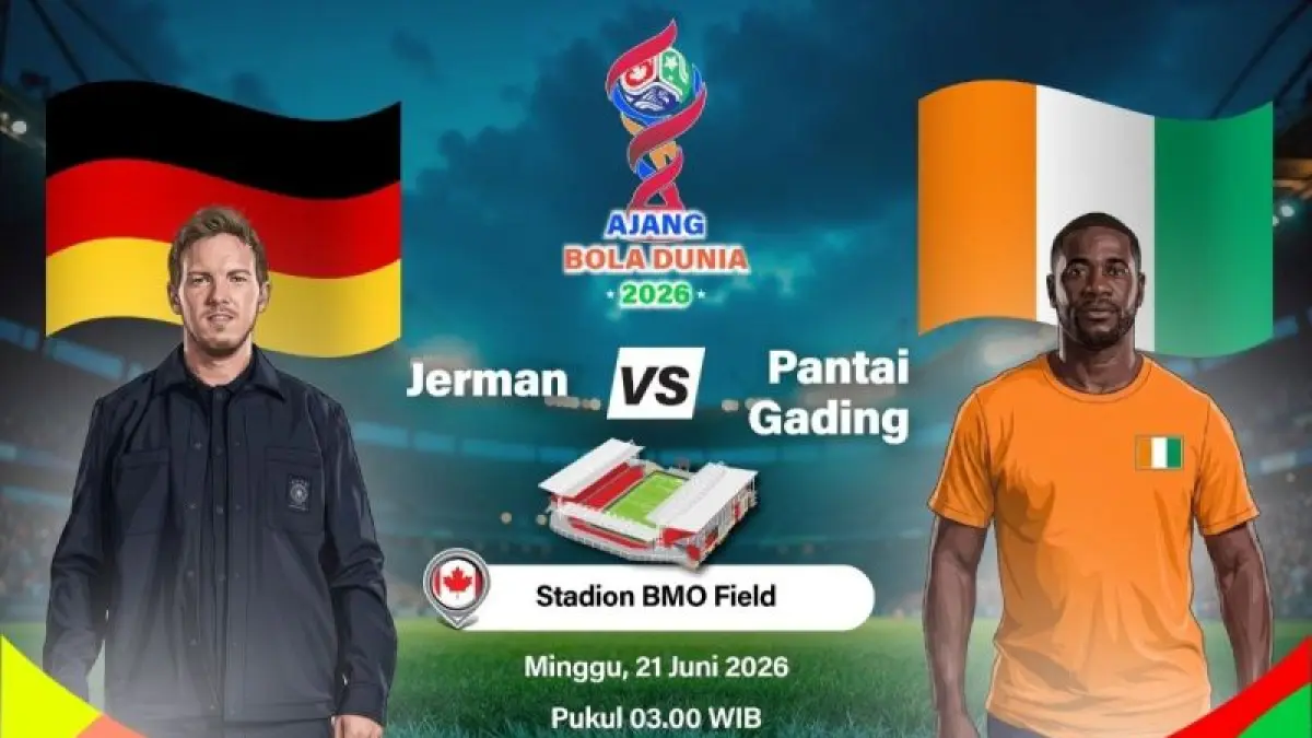 Grafik ilustrasi pertandingan penyisihan Grup E Piala Dunia 2026 antara Jerman melawan Pantai Gading yang dijadwalkan berlangsung di Stadion BMO Field, Toronto, Kanada. (ANTARA)