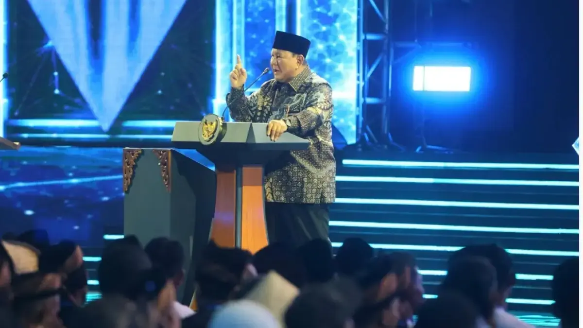 Pidatpo Presiden Prabowo Subianto saat perayaan HUT ke-28 PAN di JICC, Jakarta, Jumat (18/9/2026). (Dery Ridwansah/JawaPos.com)