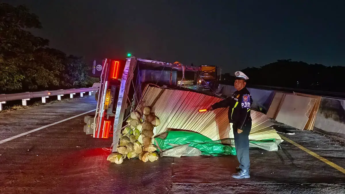 TERGULING: Kondisi truk bermuatan tripleks bernopol S 9971 UU yang terguling di Tol Gempol-Pasuruan (Gempas) KM 801, Kecamatan Grati, Senin (28/9). (PJR Polda Jatim for Radar Bromo)