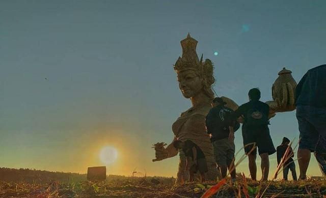 Patung Dewi Sri Jumbo Berbahan Anyaman Bambu Dipasang di Jatiluwih