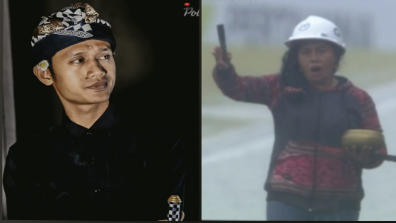 HUJAN:  Pawang hujan Raden Rara I Wulandari (kanan) kehujanan saat menghalau hujan di Sirkuit Mandalika, Minggu (20/3/2022). Jro Putu Panca Agus Saputra. Ist/Screenshot Video MotoGP/I Putu Mardika/Bali Express.